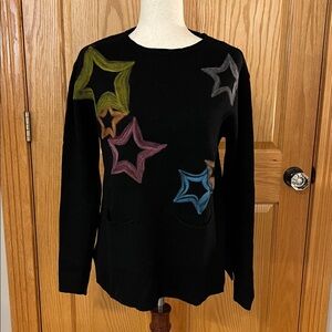 SOFT CHARLIE B Black Crewneck Sweater with Colorful Stars and Front Pockets